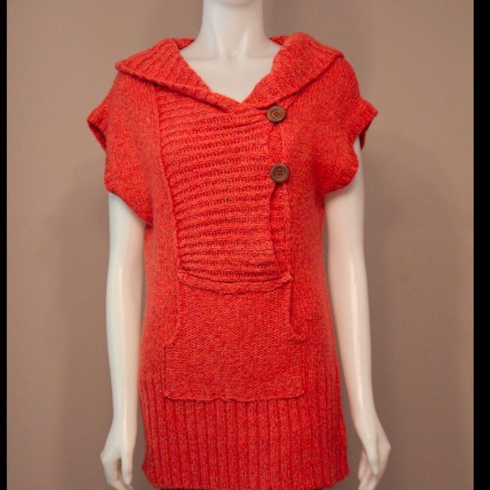 Free People Orange Hooded Short Sleeve Sweater XS